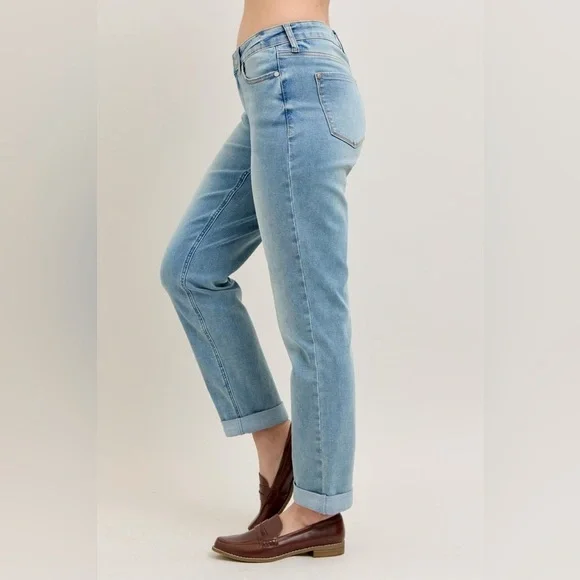 Judy Blue Full Size V-Front Cuff Boyfriend Jeans Plus Size